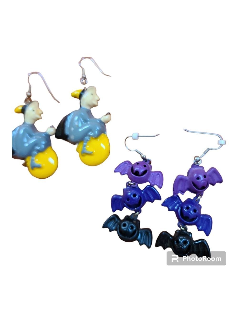 Halloween Witch & Bat Earrings | Pierced, 2" Tall